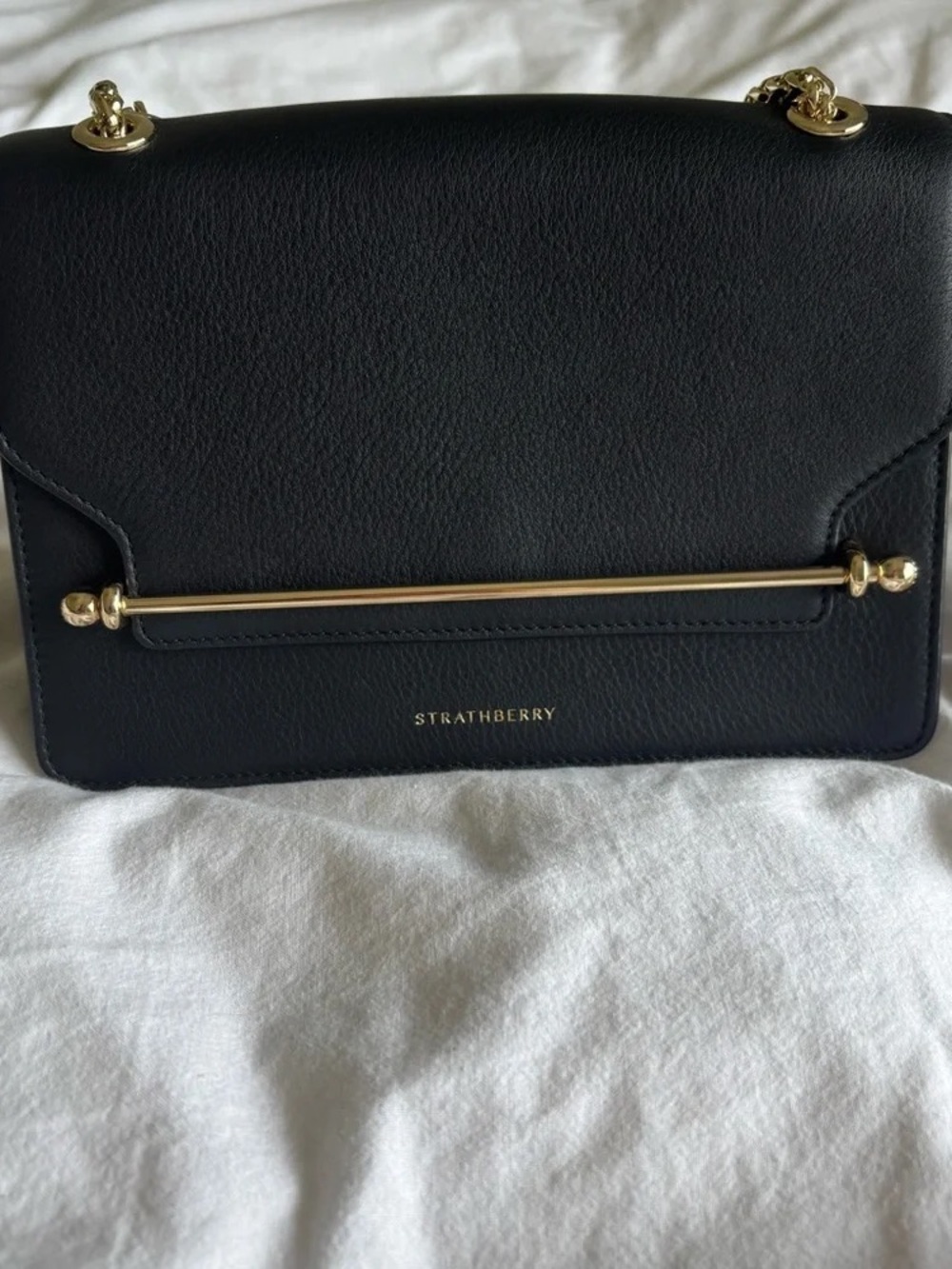 Strathberry Black Leather Shoulder Bag with Gold Bar Detail